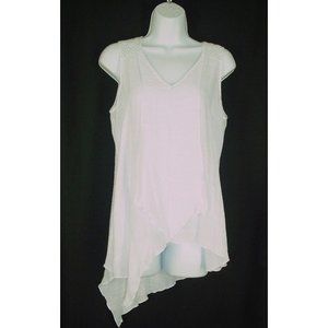 Spense Sleeveless Tank Top Blouse M White Gauzy Asymmetrical Hem Lace Accent